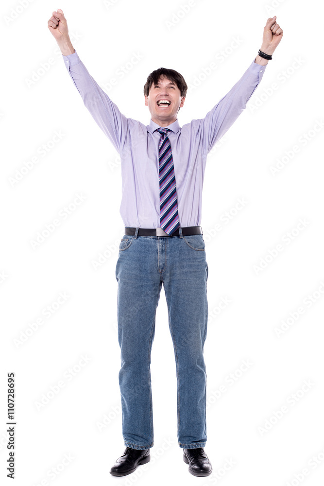 Exited business with raised arms. Exited business with raised arms.