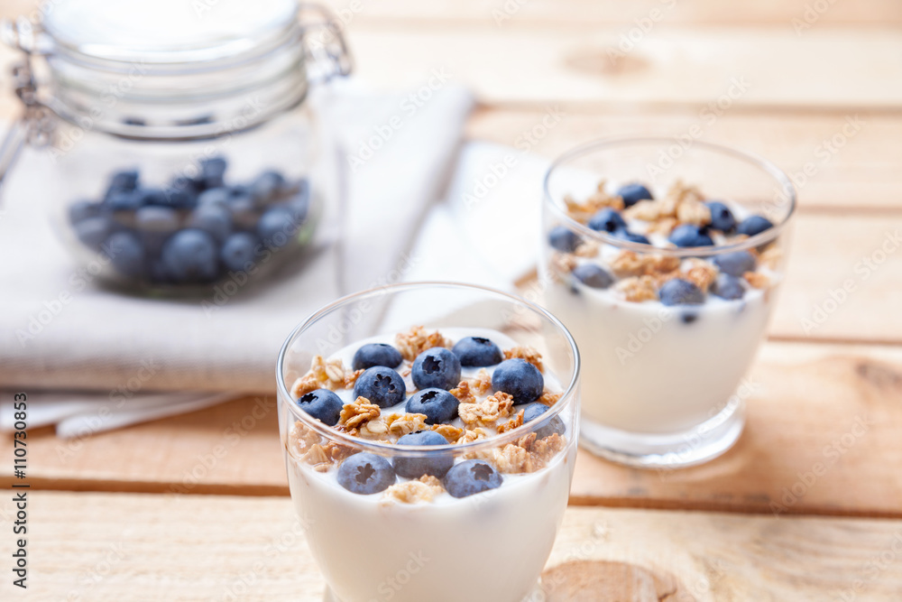 Nutritious and healthy yogurt with blueberries and cereal Nutritious and healthy yogurt with blueberries and cereal