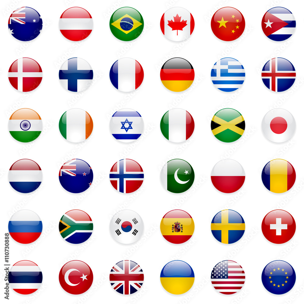 Fototapeta premium World flags vector collection. 36 high quality clean round icons. Correct color scheme.