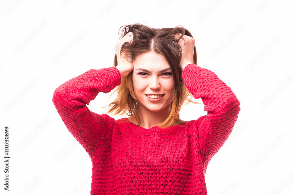 Awesome Caucasian attractive joyful happy sexy female model is shaking head Awesome Caucasian attractive joyful happy sexy female model is shaking head