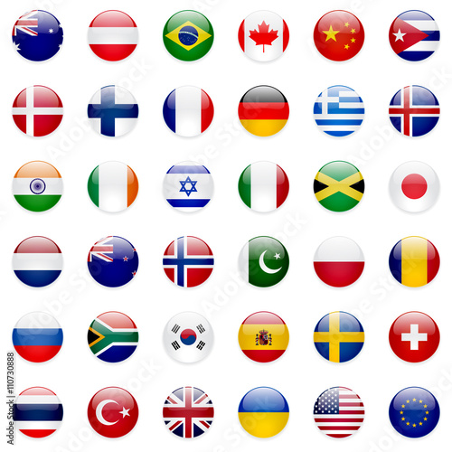 World flags vector collection. 36 high quality clean round icons. Correct color scheme.