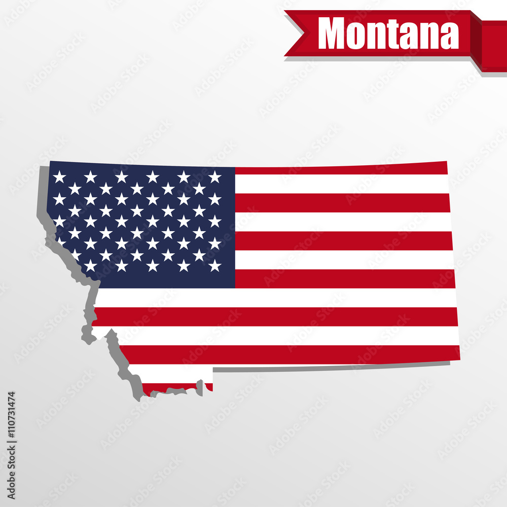 Montana State map with US flag inside and ribbon Montana State map with US flag inside and ribbon