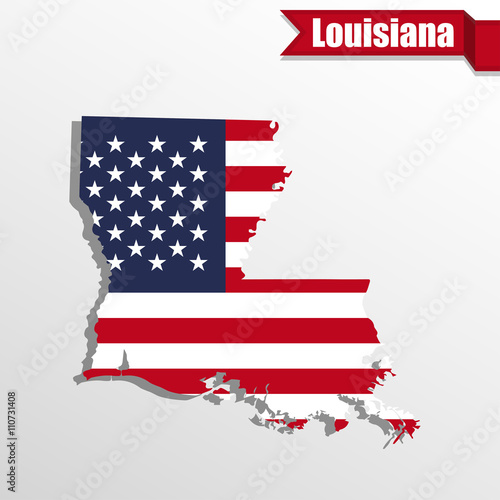 Louisiana State map with US flag inside and ribbon