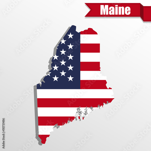 Maine State map with US flag inside and ribbon