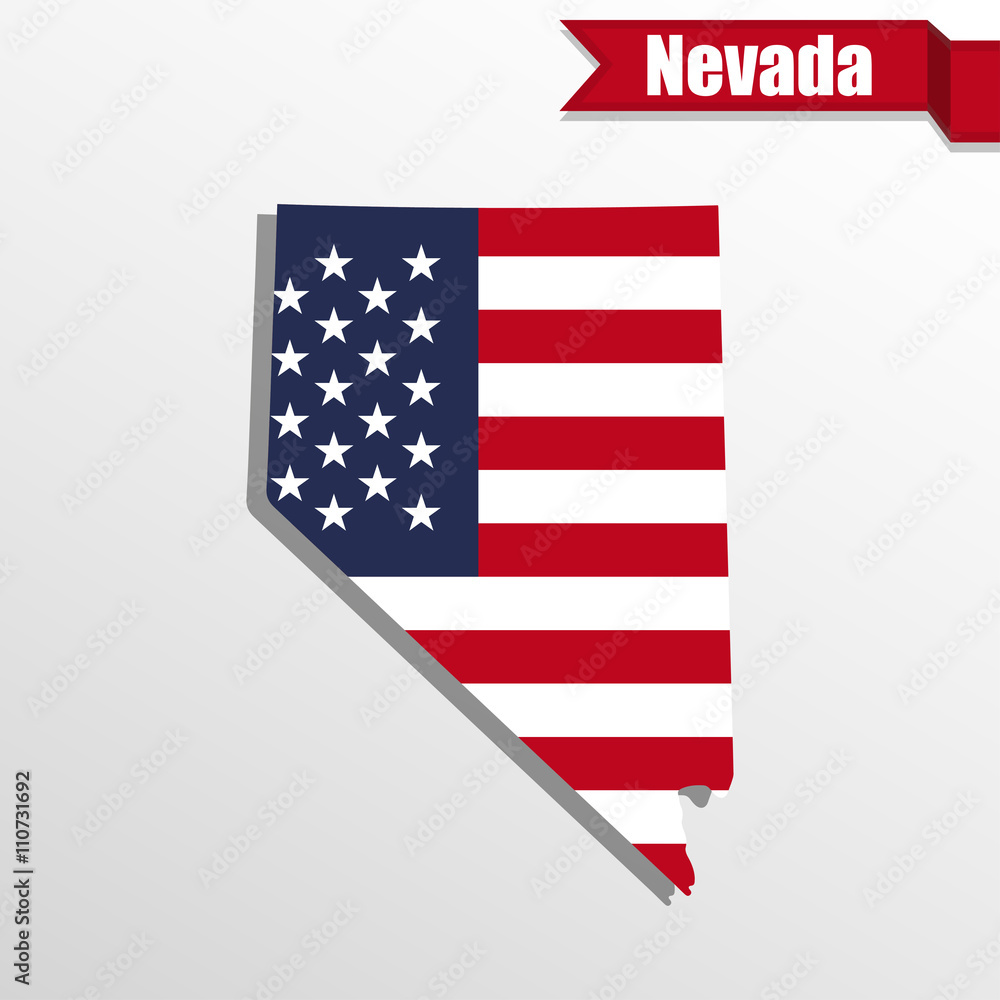 Nevada State map with US flag inside and ribbon Nevada State map with US flag inside and ribbon