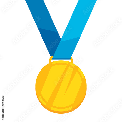 Golden medal on blue ribbon flat style.