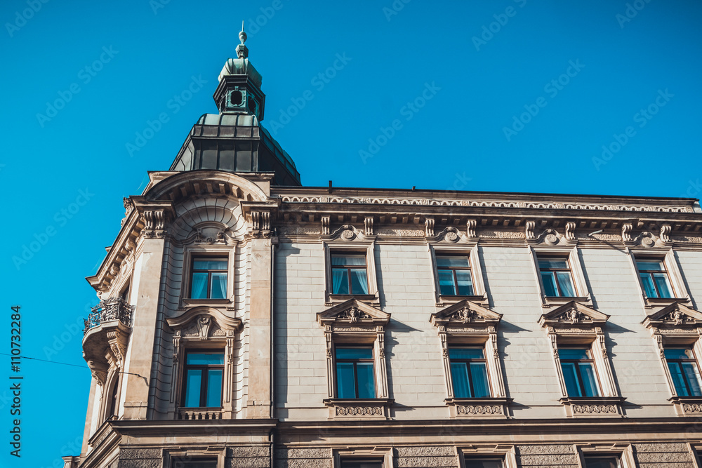 Low angle view of european building in the spring