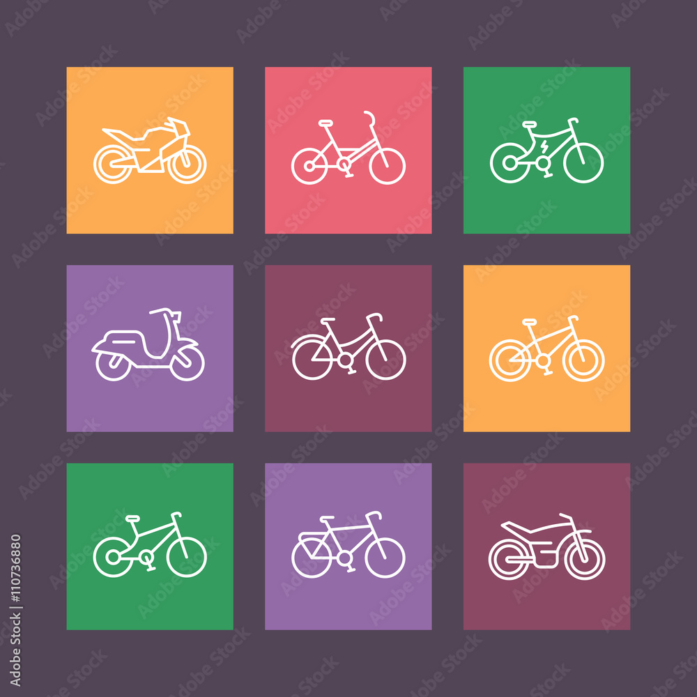 Bikes line icons on color squares, bicycle vector sign, bike, cycling, motorcycle, motorbike, fat bike, scooter, electric bike, vector illustration