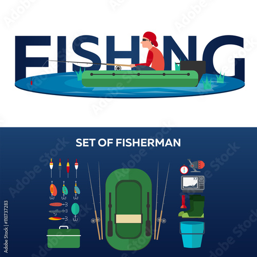 Fishing concept. Fishing set banners, flat style. Fishing illustration.