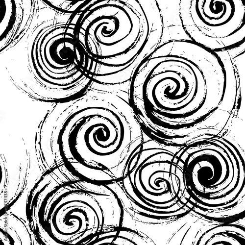 Swirl seamless pattern. Hand drawn black spirals on white background, free layout. Textile design.