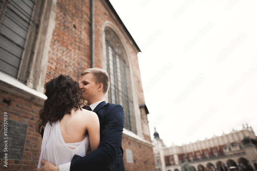 Fototapeta premium Gorgeous wedding couple, bride, groom posing near old gate building