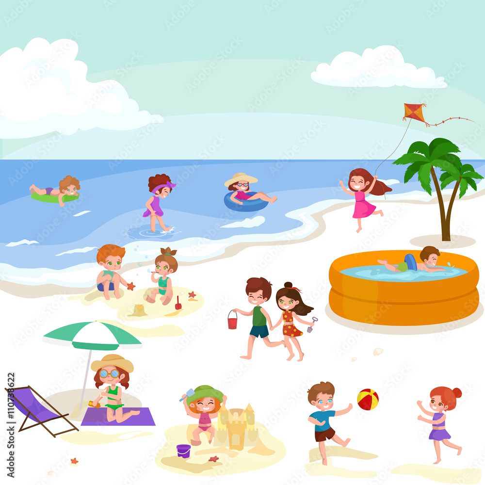 Children summer vacation. Kids Playing sand around water on beach