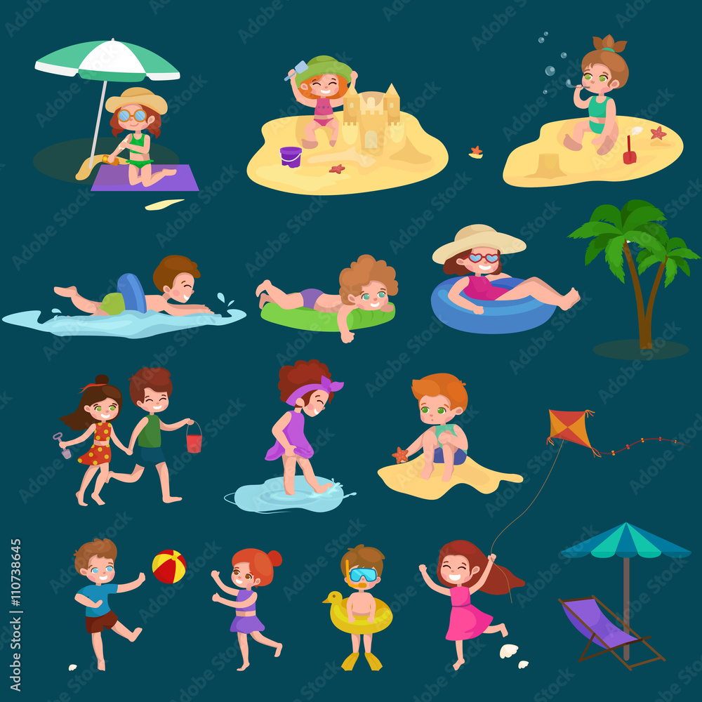 Fun at beach. Happy kids plaing sand around water Fun at beach. Happy kids plaing sand around water