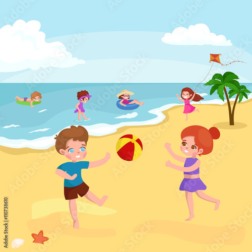 Fun at beach. Happy kids plaing sand around water