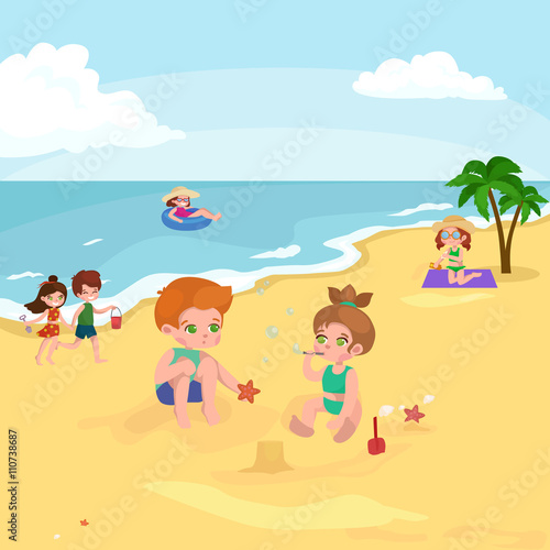 Children summer vacation. Kids Playing sand around water on beach