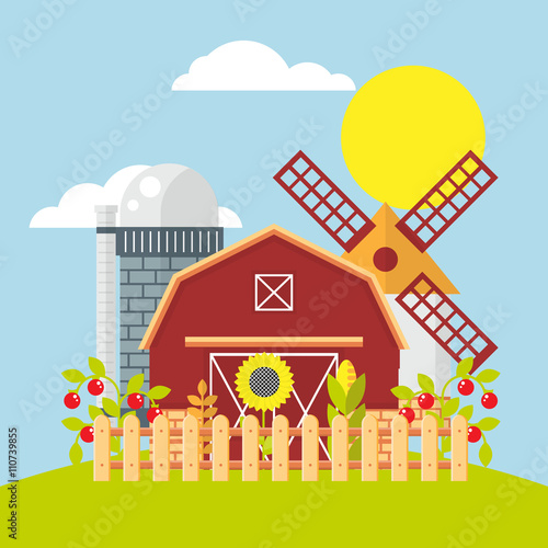 Fototapeta Naklejka Na Ścianę i Meble -  Farmland flat vector illustration. Color farm elements on color background.  agriculture farm house, farm food, farm object