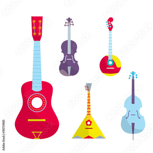 Outline vector stringed bowed musical instruments. Bright color