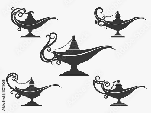 Aladdin lamp icon or genie lamp set. Vector illustration 