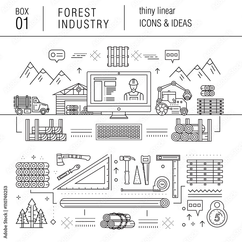 Forest industry in modern thin linear style with various timber