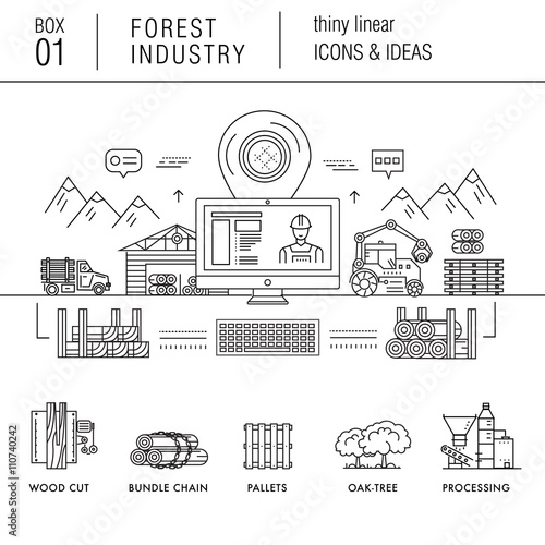 Forest industry in modern thin linear style with various timber