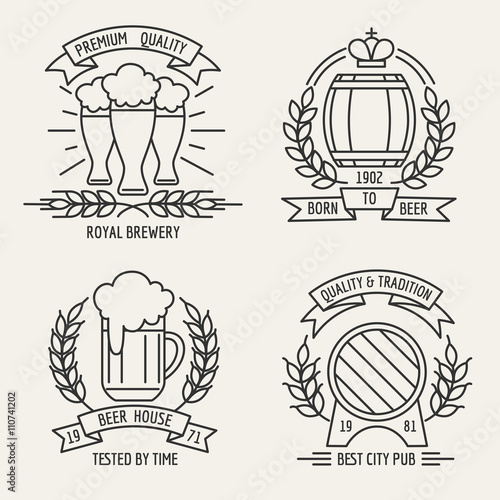 Beer line logo. Beer house and kraft brewing company outline labels. Vector illustration