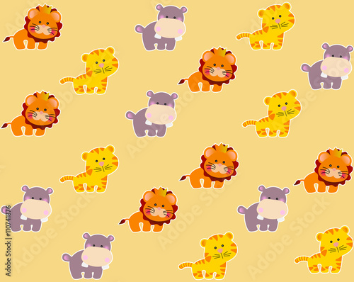 Drawing of a seamless pattern with cute african animals - lion, tiger and hippo in cartoon style