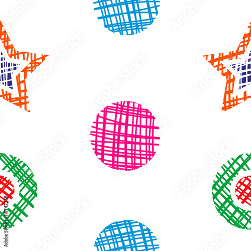 Colorful seamless pattern: polka dots and stars.