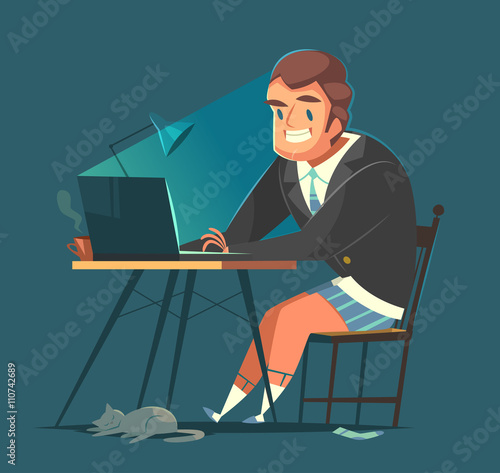 Businessman working at home. Cartoon style character. Vector illustration. 