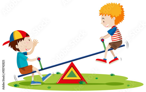 Two boys playing seesaw in the park