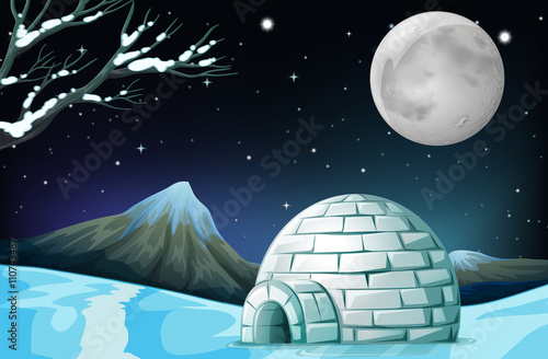 Scene with igloo on fullmoon night