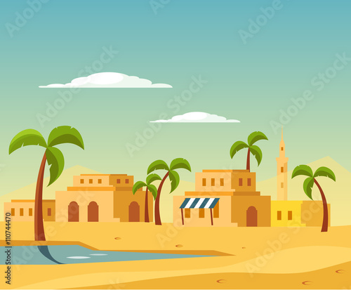 Oasis With The Town In Desert