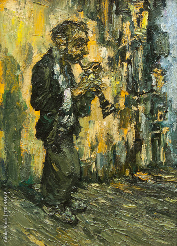 Wallpaper Mural street musician playing on clarinet original oil painting on canvas, relief impressionism, part of impressionist paintings gallery collection, original impressionism painting collection Torontodigital.ca