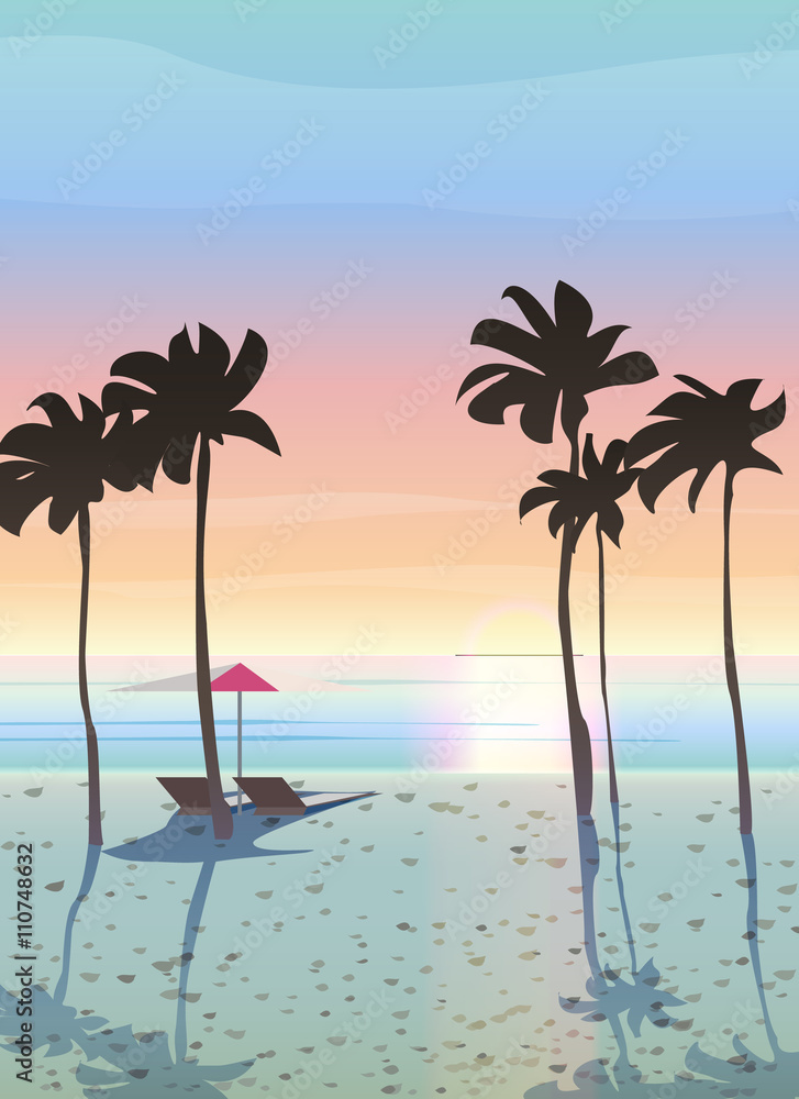 Summer vacation vector illustration.  Beautiful sea landscape, sunrise and sunset. 