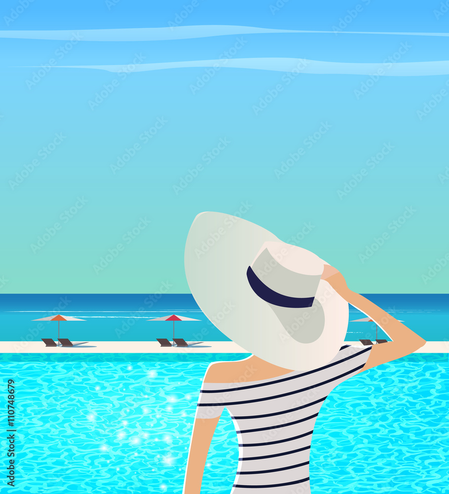 Obraz premium Summer vacation vector illustration. Woman in wide-brimmed hat and striped shirt is admiring sea landscape. 