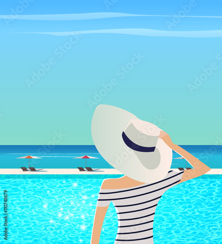 Summer vacation vector illustration.  Woman in wide-brimmed hat and striped shirt is admiring sea landscape. 