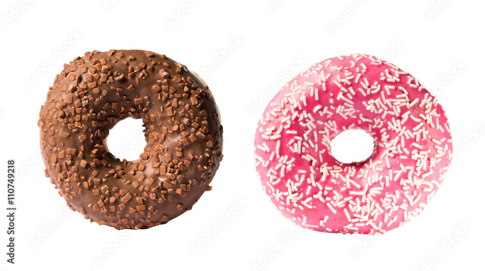 Chocolate donut and pink donut isolated on white background Chocolate donut and pink donut isolated on white background