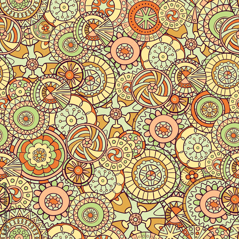 Fototapeta premium Seamless pattern of hand-drawn and painted mandalas. Vector graphics