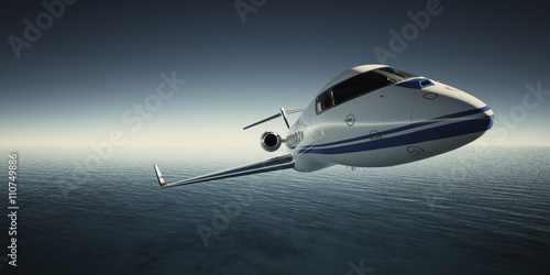 Photo of White Luxury Generic Design Private Jet Flying in Sky under the water surface. Blue Ocean Background. Business Travel Picture. Wide. Film Effect. 3D rendering.