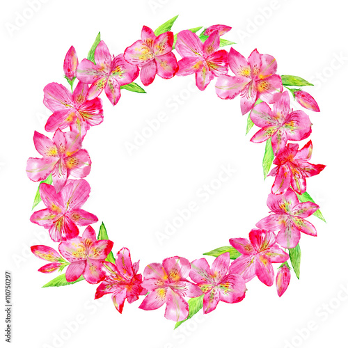 Floral wreath.Garland with lily flowers and leaves.Watercolor hand drawn illustration.It can be used for greeting cards  posters  wedding cards.