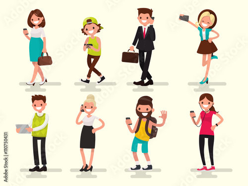 Mobile dependence. People with their gadgets. Vector illustration