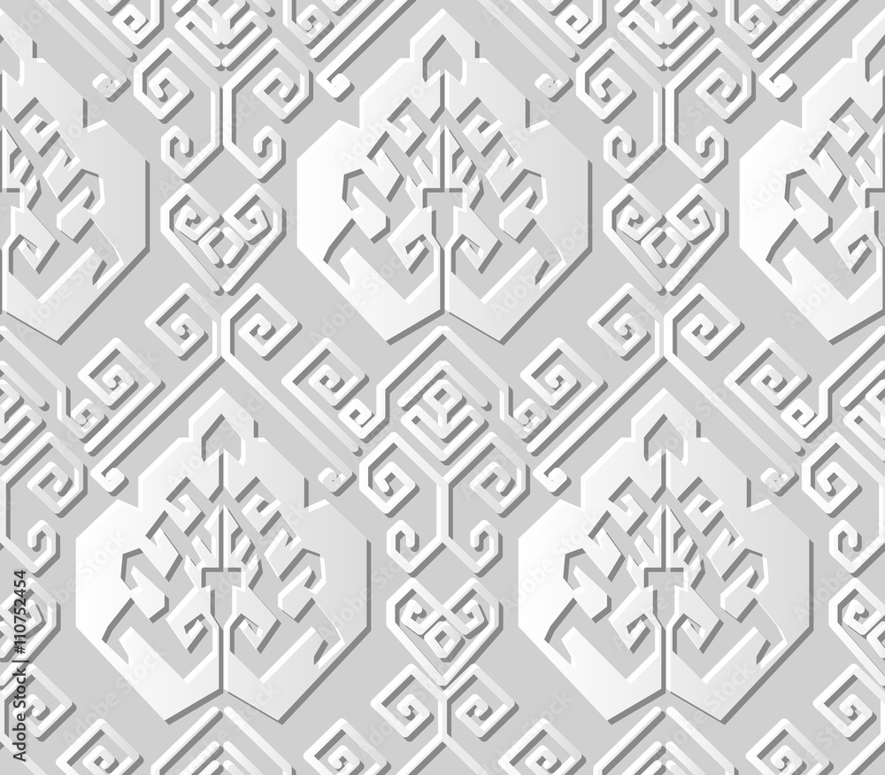 Seamless 3D white paper cut art background 420 oriental spiral geometry line