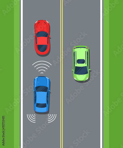 Smart car, safety. Remote sensing system of vehicle. Color Flat 