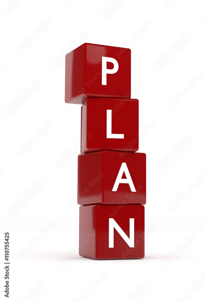 Four red cubes with the word plan Four red cubes with the word plan