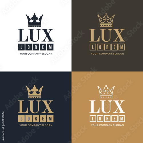 Set gold, blue and white logo on a blue, white and gold background with a picture of the silhouette of the crown and the words Lux. It symbolizes the highest quality, strength, indestructibility