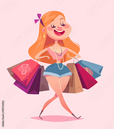 Happy girl goes for shopping. Vector illustration.
