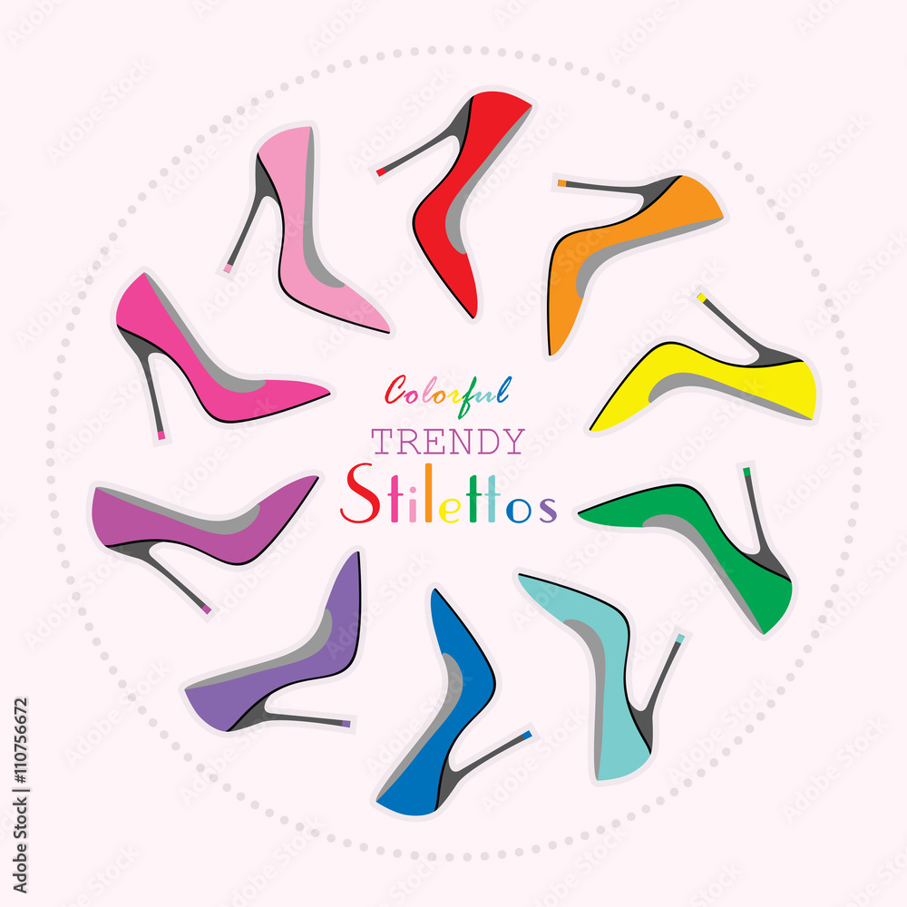 Circle arrangement of colorful sexy stilettos high heels set on light pink background