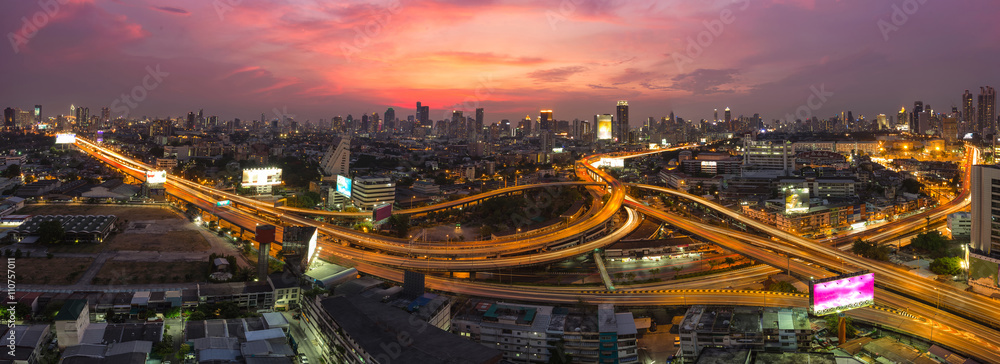 Bangkok Expressway and Highway top view, Night scene with traffi