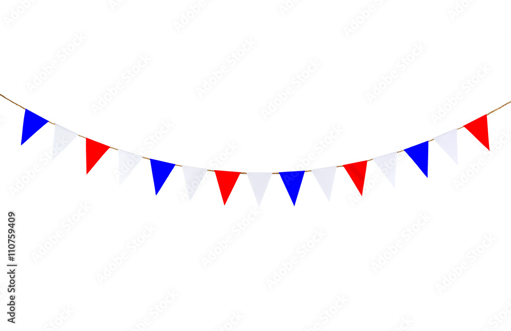 Triangle papers hanging on the rope.On the white background. Triangle papers hanging on the rope.On the white background.