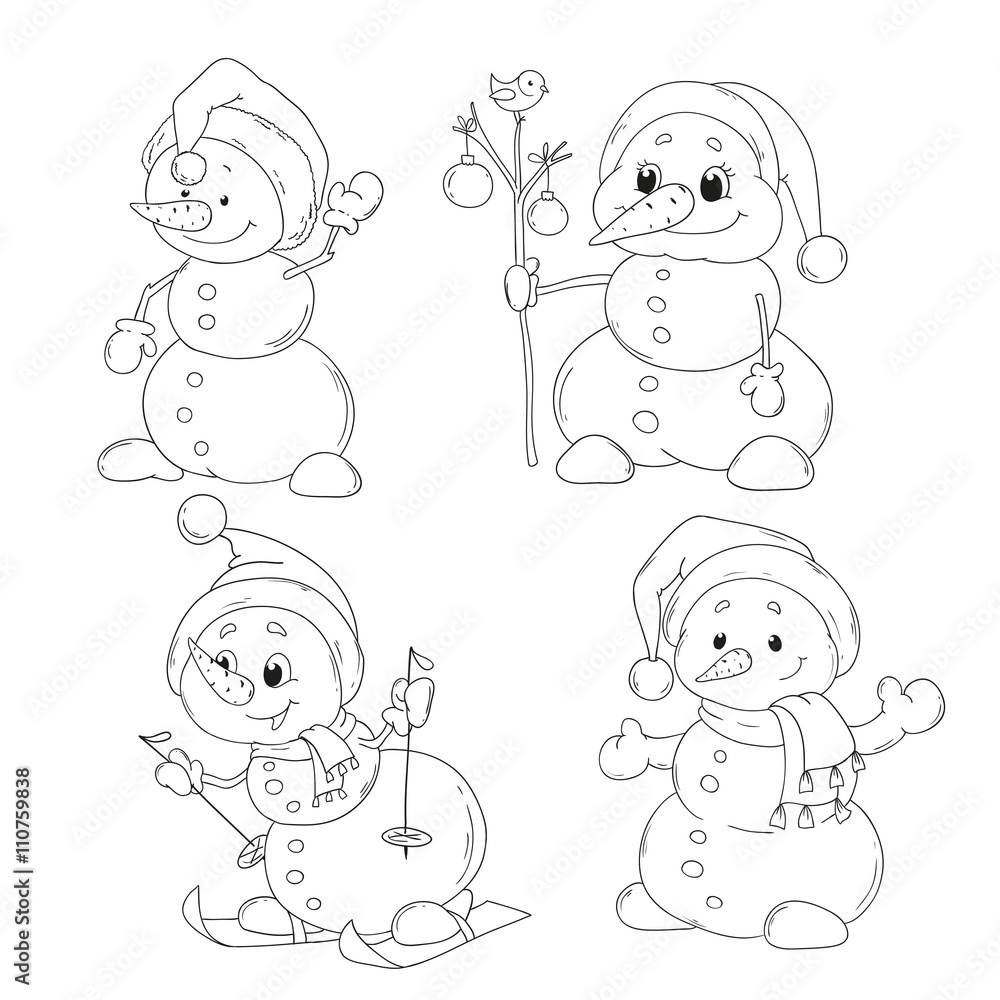Set of cute snowmen characters coloring book. Christmas, New Year. Vector Set of cute snowmen characters coloring book. Christmas, New Year. Vector