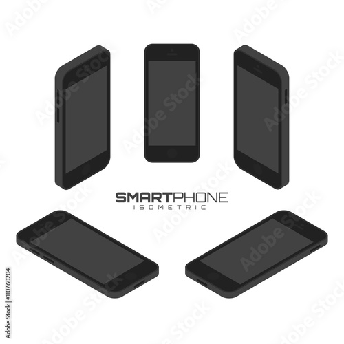 Mobile phone from four sides icon set vector graphic illustration. Isometric view of the front, back, right, left and top